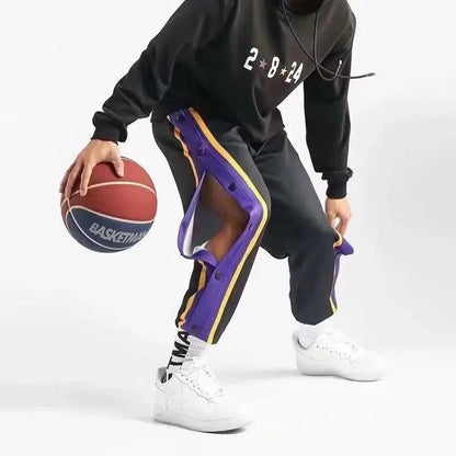 Harajuku Fashion Sports Men Pants Daily Outdoor Basketball Sweatpants Hollow Out Side Stripe Button Fly Design Creative Trousers