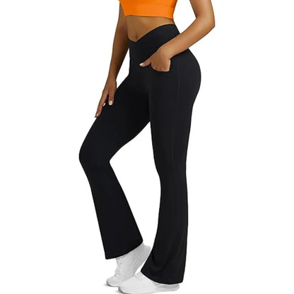PofyBofy with Pockets Yoga Flared Pants Butt Lifting Gym High Waisted Crossover Waist Flare Leggings Bootcut Casual Yoga Pants
