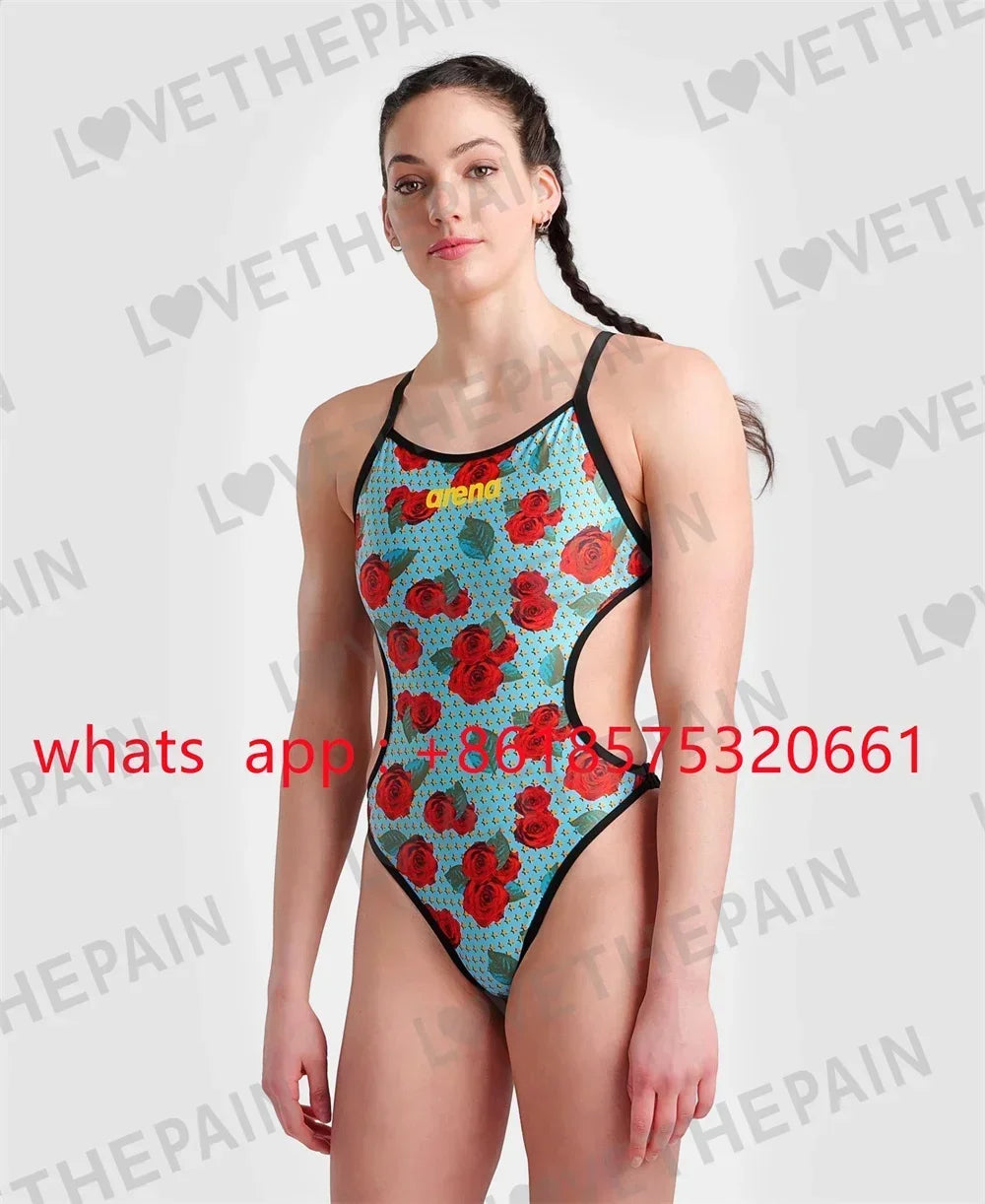Women's Cut-Out One-Piece Swimsuit – Turquoise & Rose Print