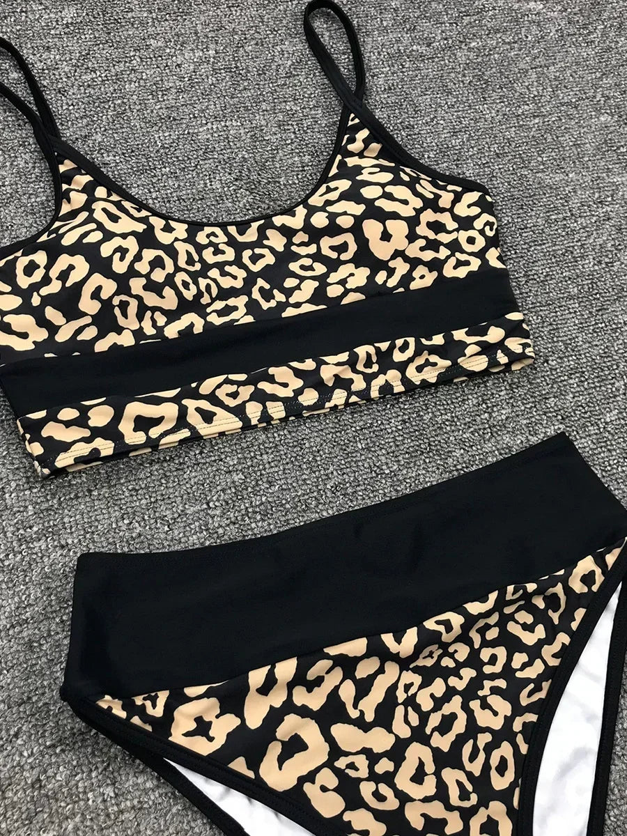 Splicing Leopard High Waist Bikini Women Swimsuit Female Swimwear Two-piece Bikini set Padded Bather Bathing Suit Swim Wear Lady