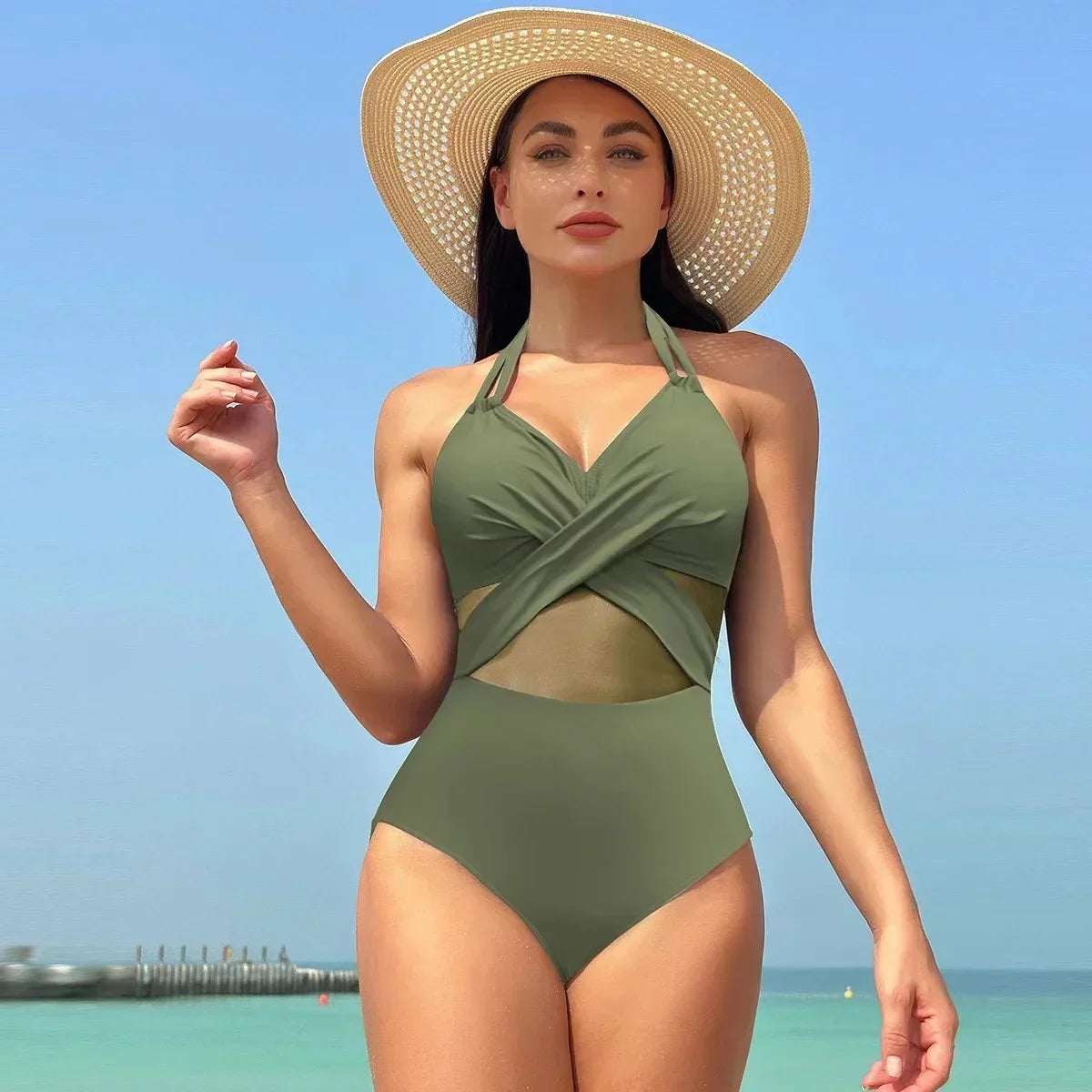 Fashion Style Mesh Tummy Solid Colours One Piece Swimwear Swimsuit