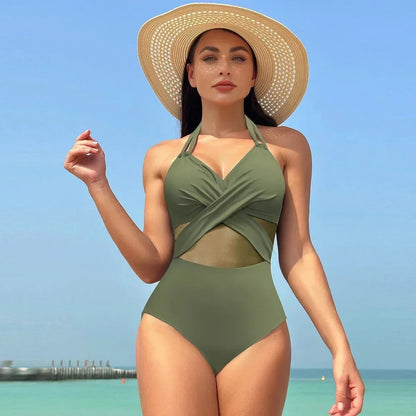Fashion Style Mesh Tummy Solid Colours One Piece Swimwear Swimsuit