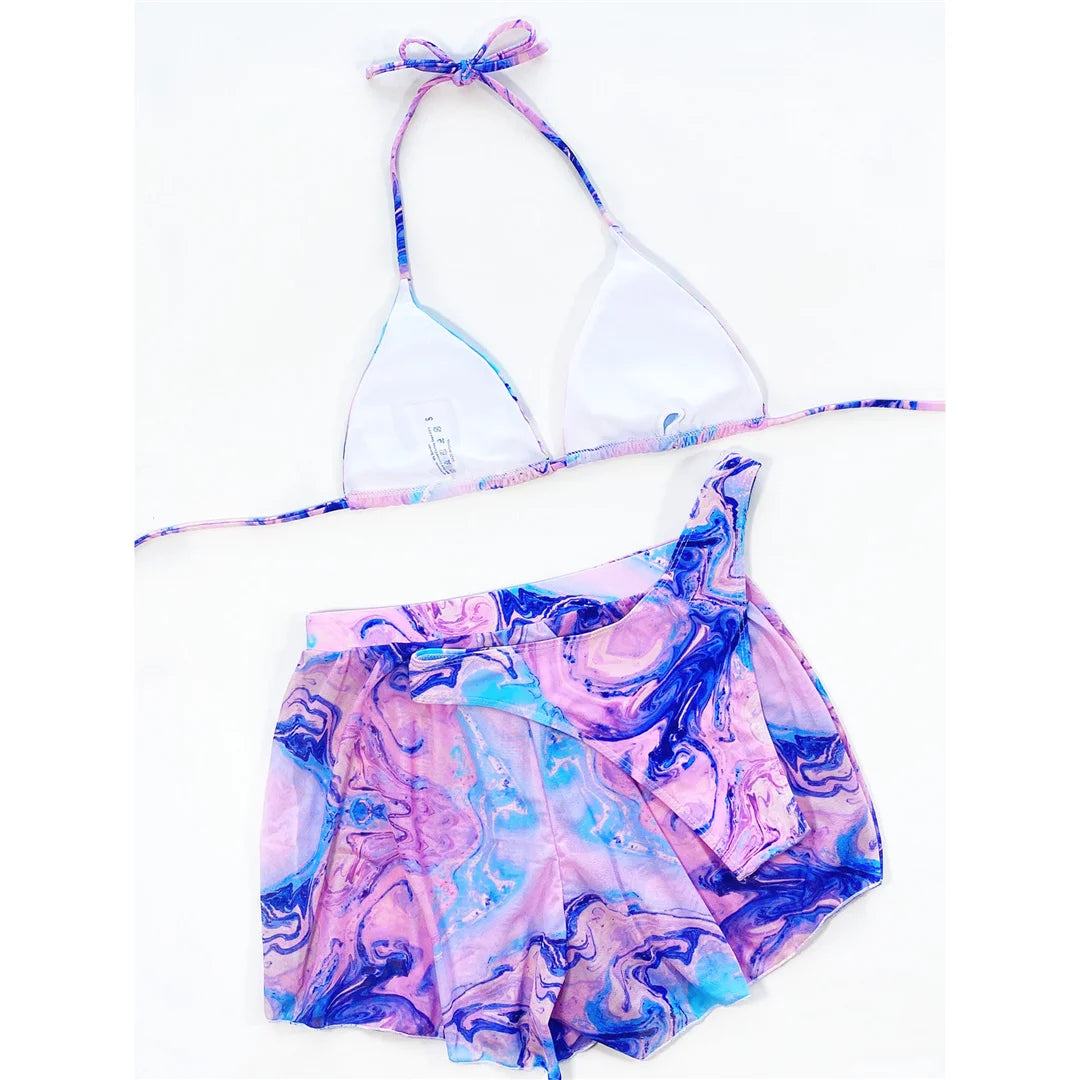 3 PCS Tie Dye Halter Bikini Female Swimsuit Women Swimwear Three-pieces Bikini set With Shorts Bather Bathing Suit Swim