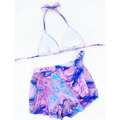 3 PCS Tie Dye Halter Bikini Female Swimsuit Women Swimwear Three-pieces Bikini set With Shorts Bather Bathing Suit Swim