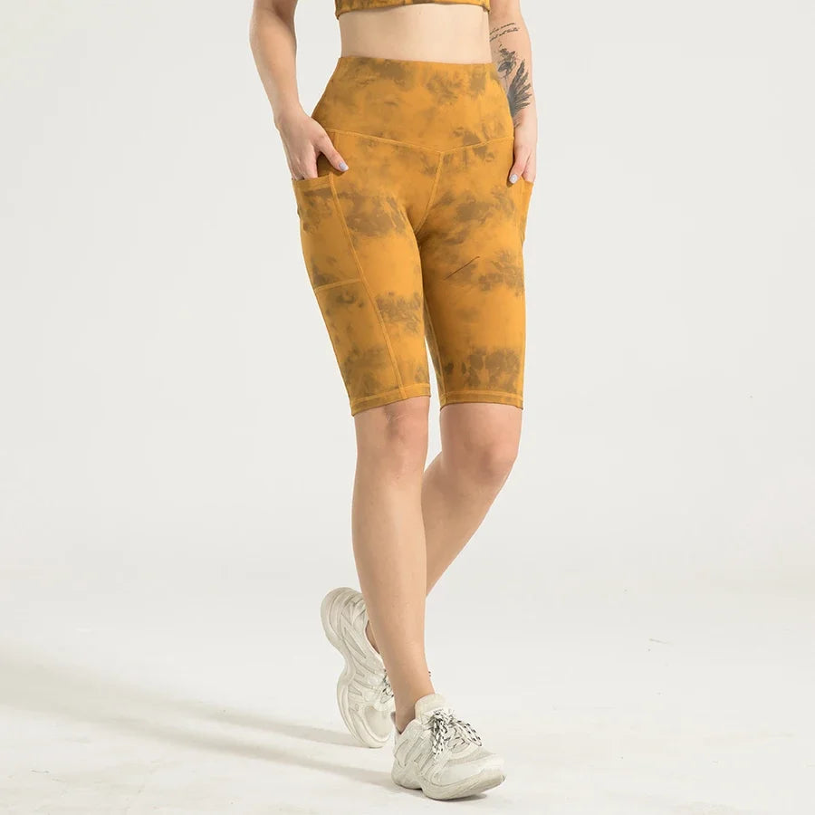 Tie Dye Women Shorts with Pockets Tummy Control Butt Lift Biker Shorts High Waist Workout Tights Stretchy Yoga Shorts for Gym