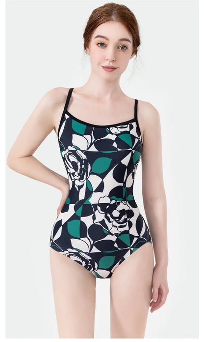 Women Vintage Racing One-piece Swimwear Sun Protection Professional Competition Flower Printed Swimsuit Training Bikini