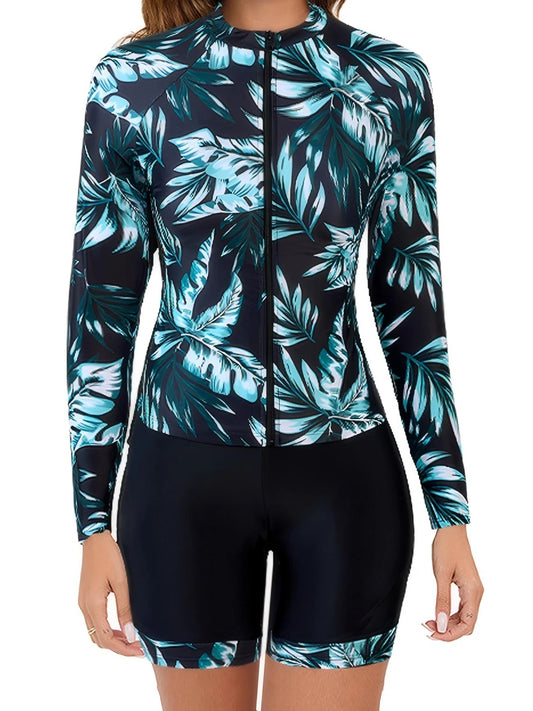 Long Sleeve Zipper Surfing Swimsuit Print Shorts Swimwear Women Two Pieces Diving Clothes Beachwear Bathing Swimming Suit