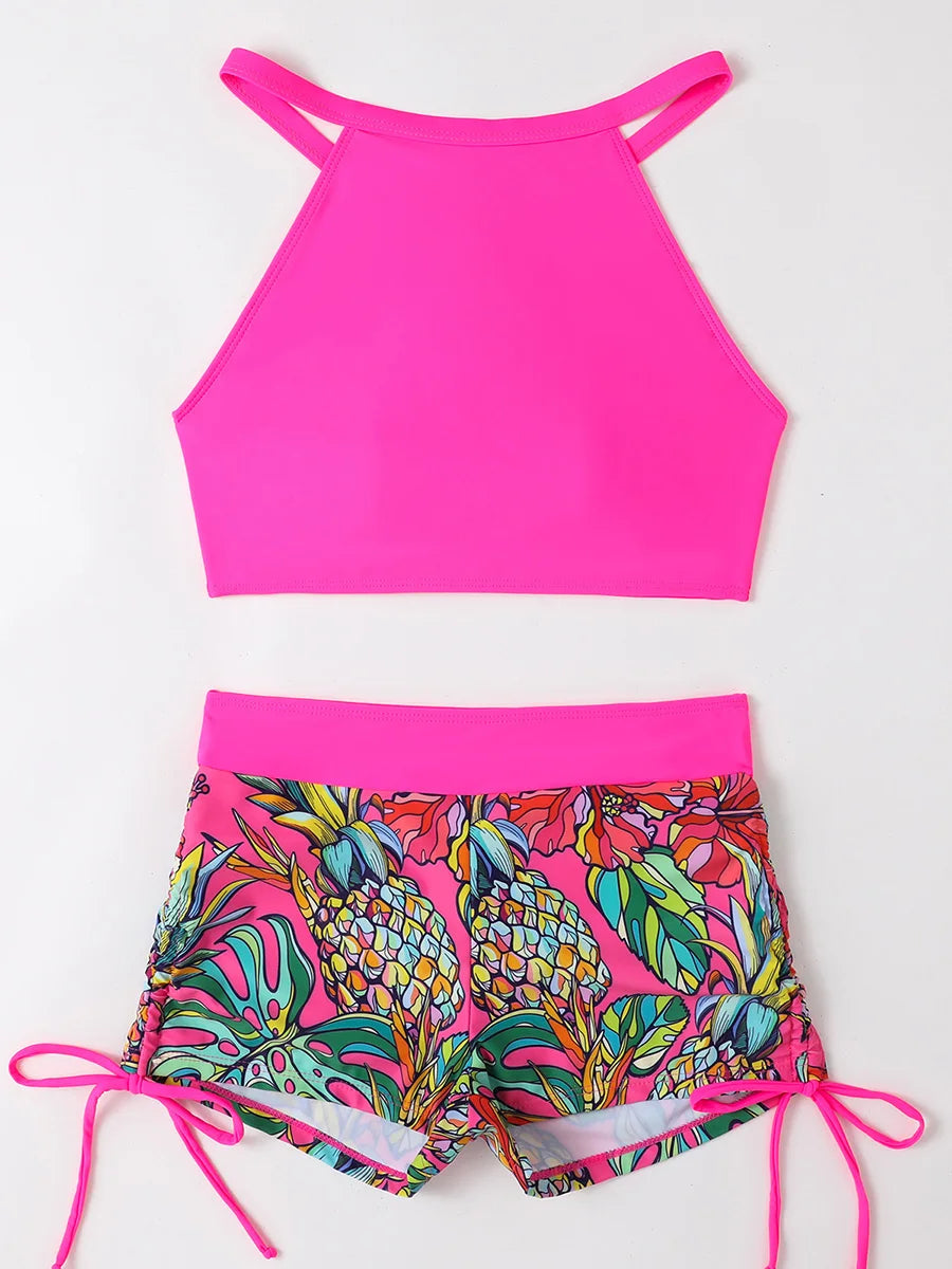 Print High Waist Swimsuit Women High Neck Bikini Drawstring Swimwear Female Bathers Bathing Swimming Swim Suit Beachwear