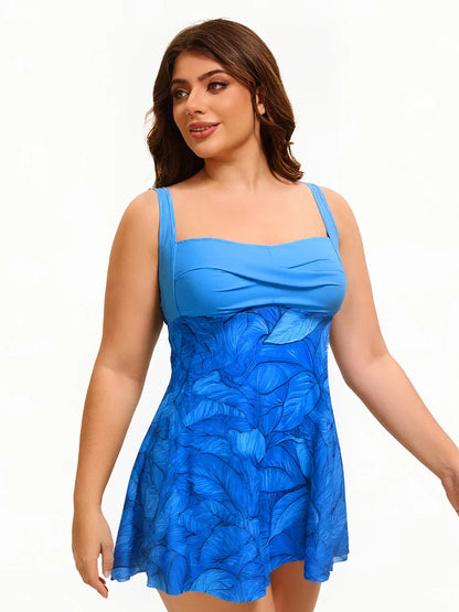 Women's Plus Size Tankini Set - Blue Botanical Printed Skirted Top + Boy Short Bottoms, Flattering Swimwear for Beach Vacation