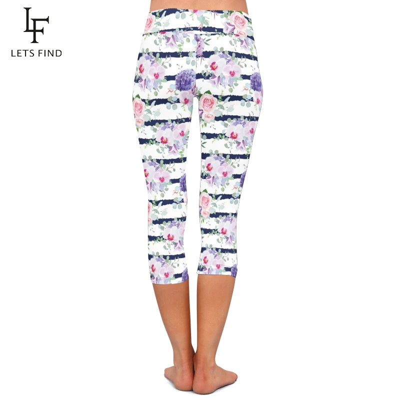 High Elastic Capri Leggings High Waist Flowers Print  Mid-Calf 3/4 Stretch Women Leggings for Summer