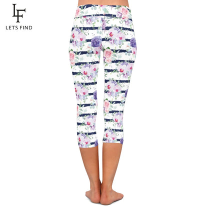 High Elastic Capri Leggings High Waist Flowers Print  Mid-Calf 3/4 Stretch Women Leggings for Summer