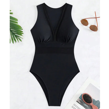 Black Net One Piece Swimsuits Closed Women's Swimwear Push Up Swimming Wear Body Bathing Suit Beachwear Pool Bather