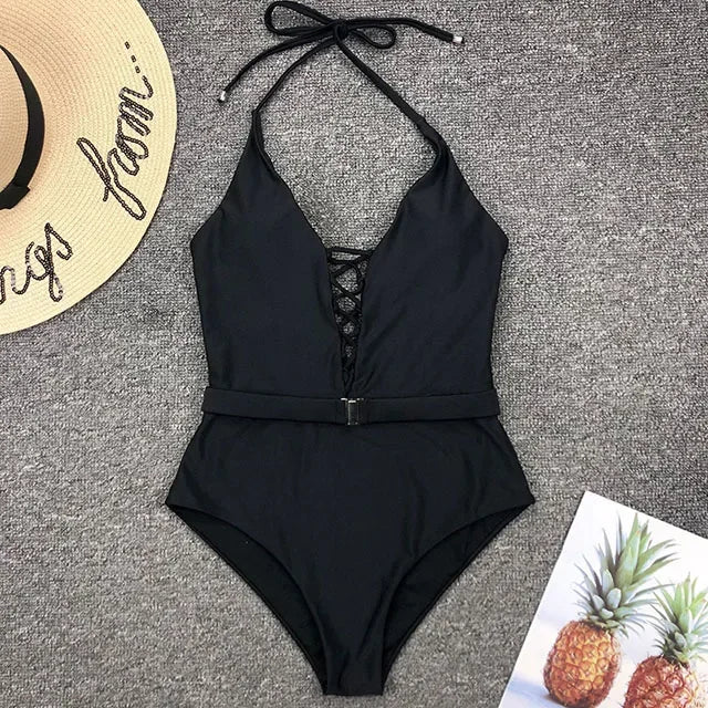Lace Up Halter Female Swimwear One Piece Swimsuit Women Backless Monokini with Waist Belt Bathing Suit Swim Bodysuit