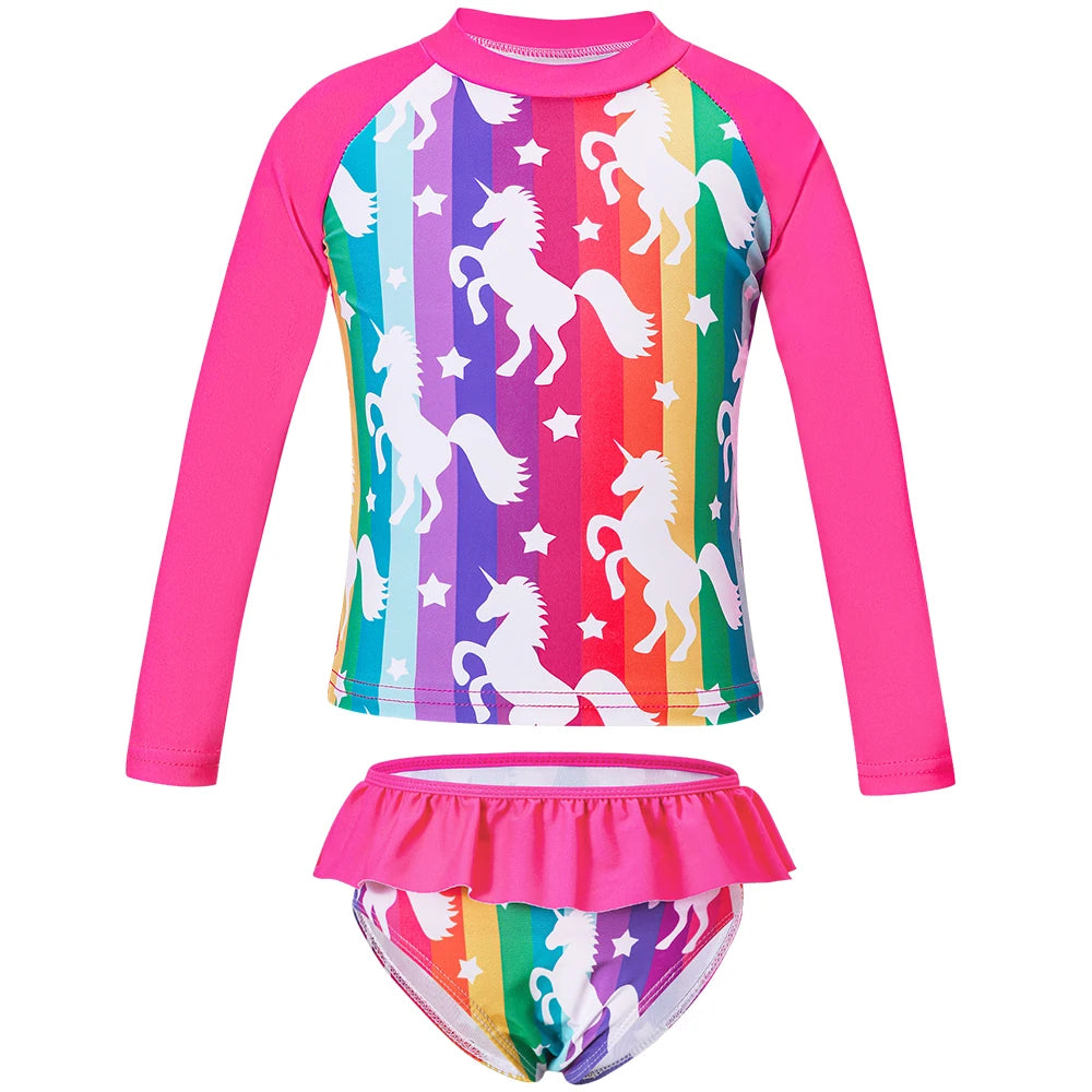 Toddler Girls Swimsuit Summer Beach Tankini Long Sleeve Two Piece Bathing Suit Quick Dry Surfing Mermaid Unicorn Swimwear