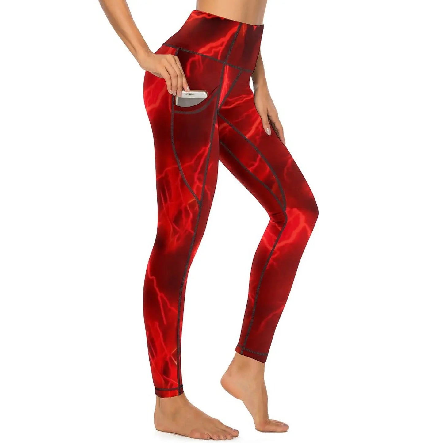 Red Fire Yoga Pants Pockets Abstract Print Leggings Push Up Kawaii Yoga Sports Tights Quick-Dry Workout Gym Leggins