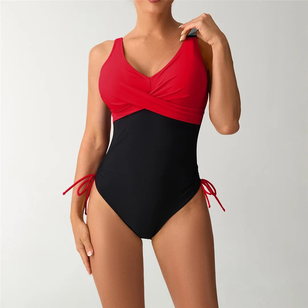 S - XXL Splicing V Neck Backless Women Swimwear One Piece Swimsuit Female High Leg Cut Padded Bather Bathing Suit Swim