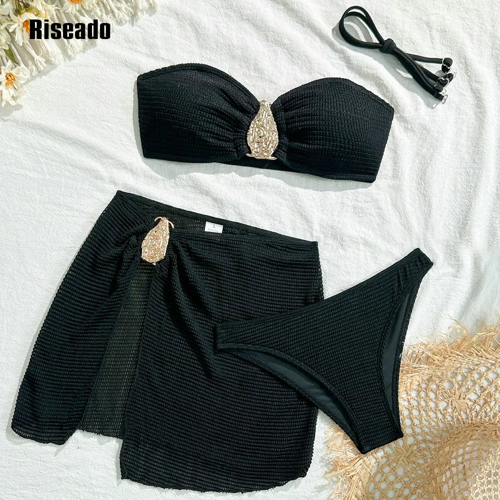Women's Textured Bikini Sets 3 Piece Halter Swimsuits Bathing Suit with Cover Up Skirt