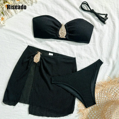 Women's Textured Bikini Sets 3 Piece Halter Swimsuits Bathing Suit with Cover Up Skirt