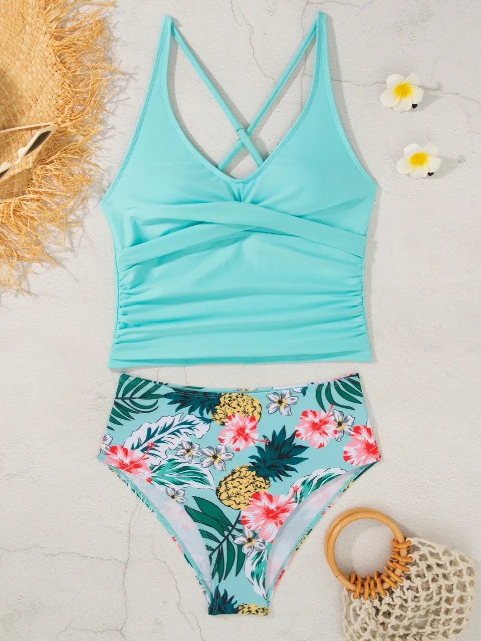 Printed Back Cross Tankini Strappy Swimsuit Women Two Pieces High Waist Swimwear Female Bathing Swim Suit Padded Beachwear