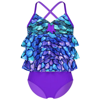 Kids Girls Fish Scales Mermaid Bathing Suit Two-piece Bikini Swimsuit Sleeveless Tops with Briefs Tankini Swimwear Beachwear