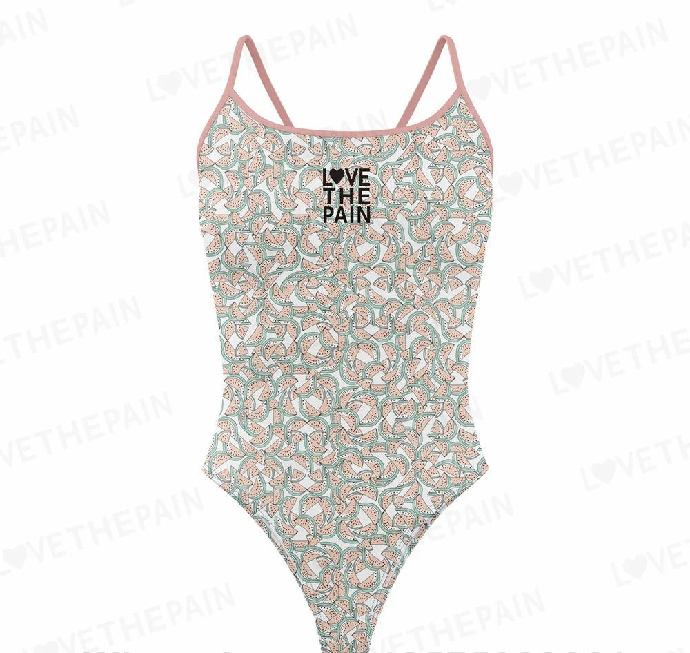 Love The Pain Leopard Print One Piece Swimsuit Thin Straps Versatile V-back Women's Swimwear Monokini Triathlon Swimsuit