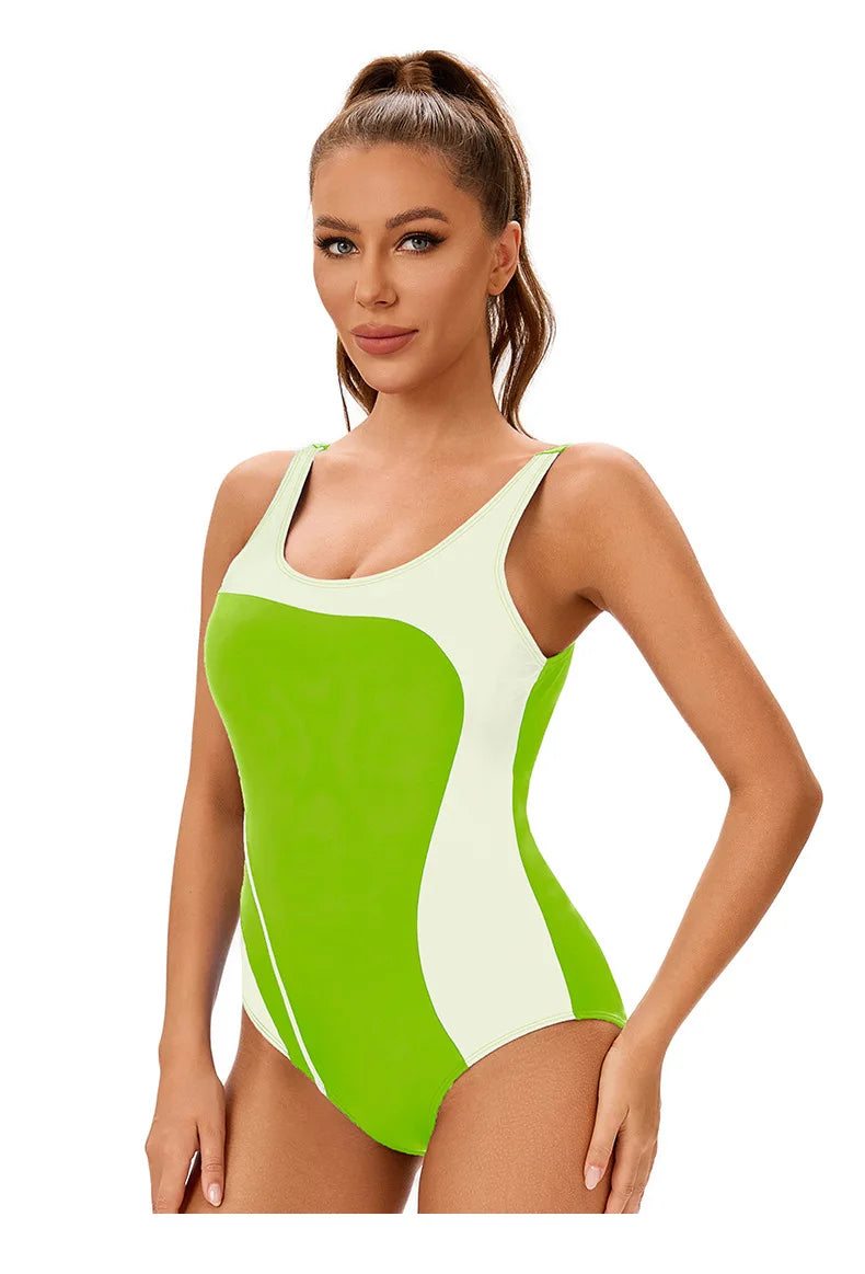 Color Block One-Piece Swimsuit Women's Backless High-Cut Bathing Suit with Tummy Control