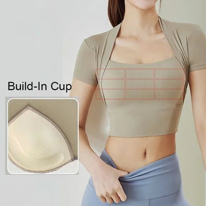 Fabric Yoga Crop Short Sleeve Build-in Bra Square Neck Gym Crop Top Workout Bra Crop U Neck Yoga Crops with Bra