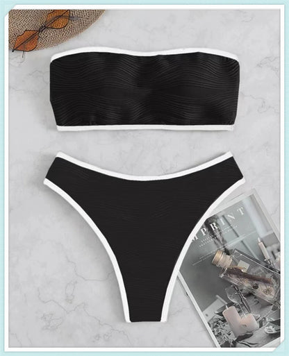 Bandeau High Waist Bikini Women Triangle Swimsuit Stitch Detail Swimwear Padded Bathing Suit Female Solid Beachwear