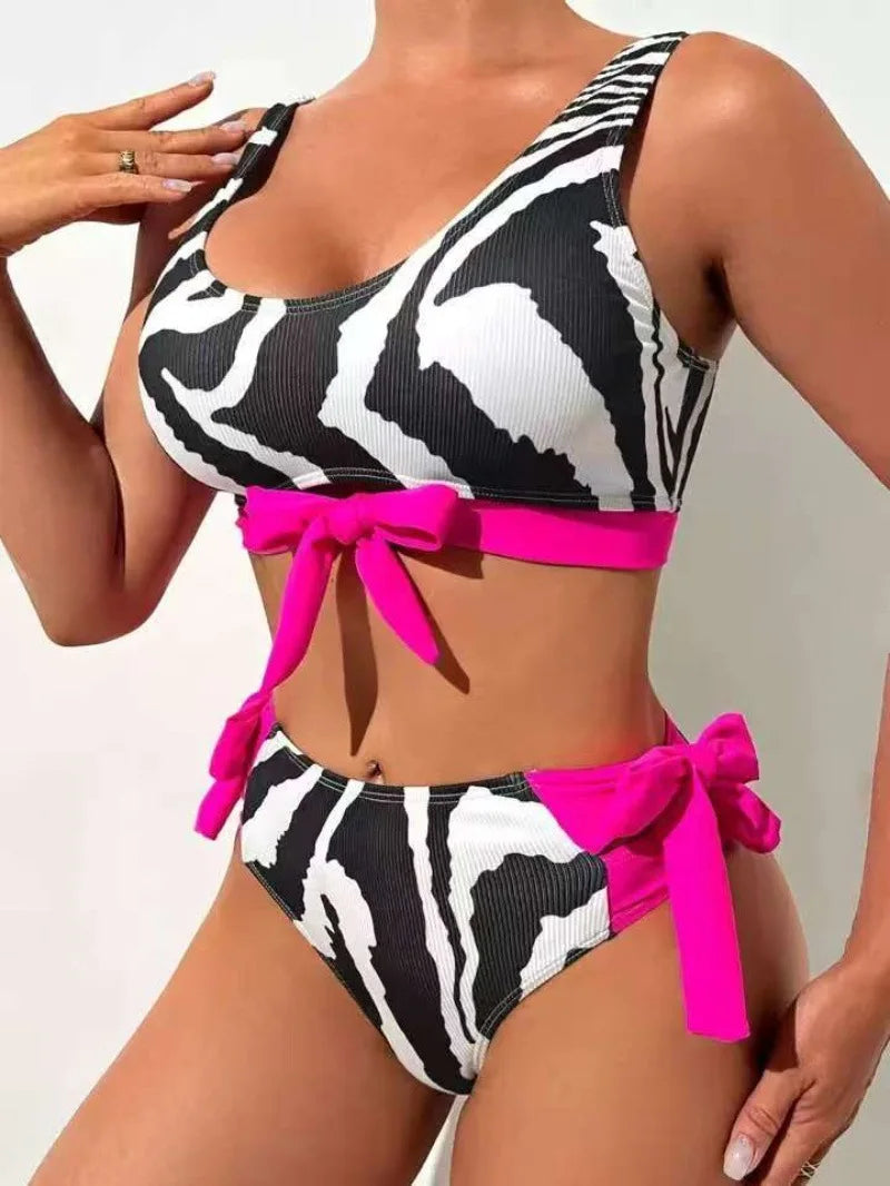 Black Zebra Print Bow Patchwork Bikini Set Women Push Up High Waist Swimsuit Beach Bathing Suit Two Piece Swimwear