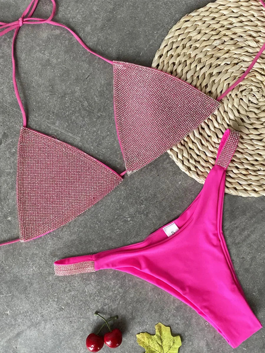 Shiny Sequins Diamond Micro Bikini Women Swimsuit Female Halter Swimwear Two Pieces Bikini Set Brazilian Bathing Suit Swim
