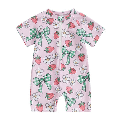 0-3Years Baby Boy Girl Rash Guard Swimsuits Fashion Print Short Sleeve Zip Up Rompers Bathing Suit Toddlers Swimwears Beachwear