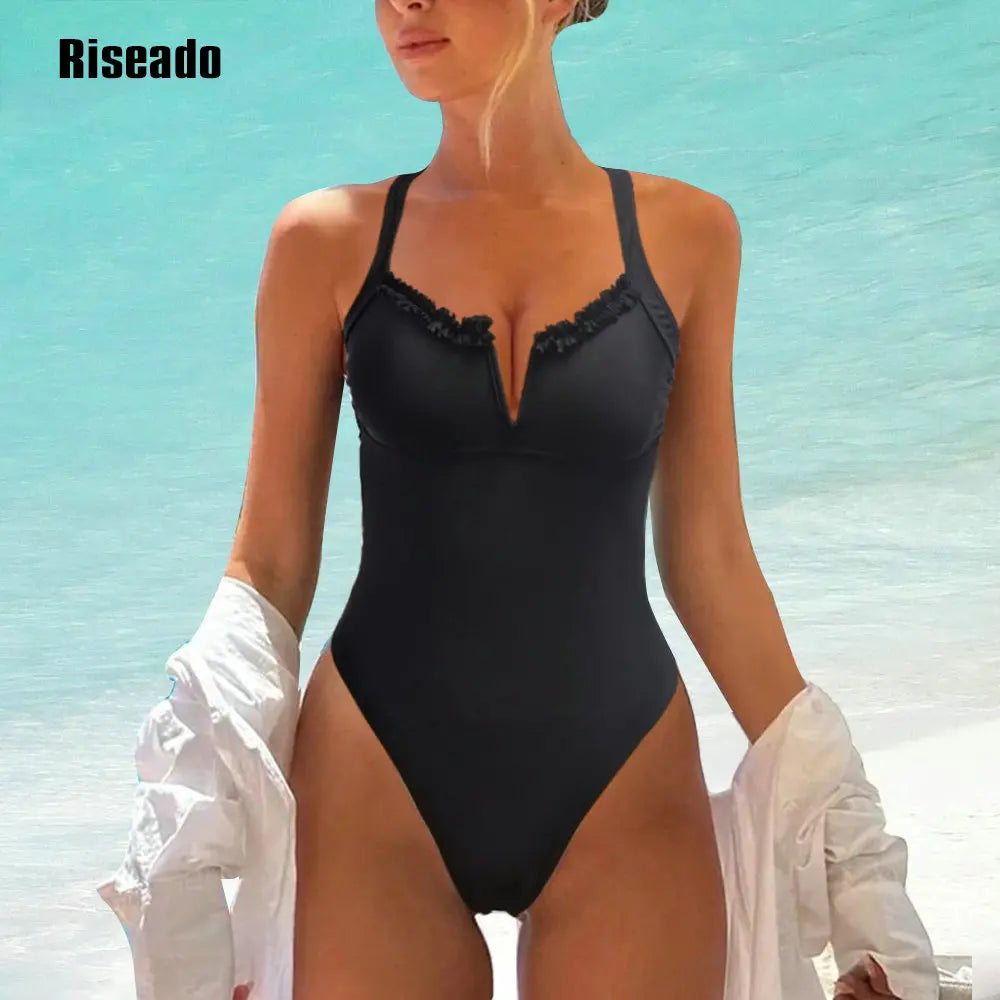 V Neck High Cut Cross Back One Piece Swimsuits Bathing Suits 80s/90s Design Swimwear Bathers