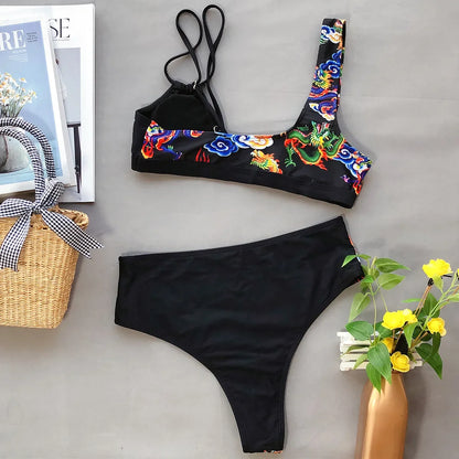 Bikini Push Up Dragon Print Patchwork High Waist Vintage Swimwear Swimsuit Women Bikinis Set Bathing Suit Beach Bikini