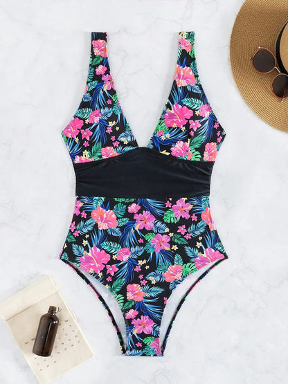 Strappy Printed Swimsuit Women One Piece Plunging Stitch Swimwear Female Bathers Bodysuit Bathing Swimming Suit Beachwear