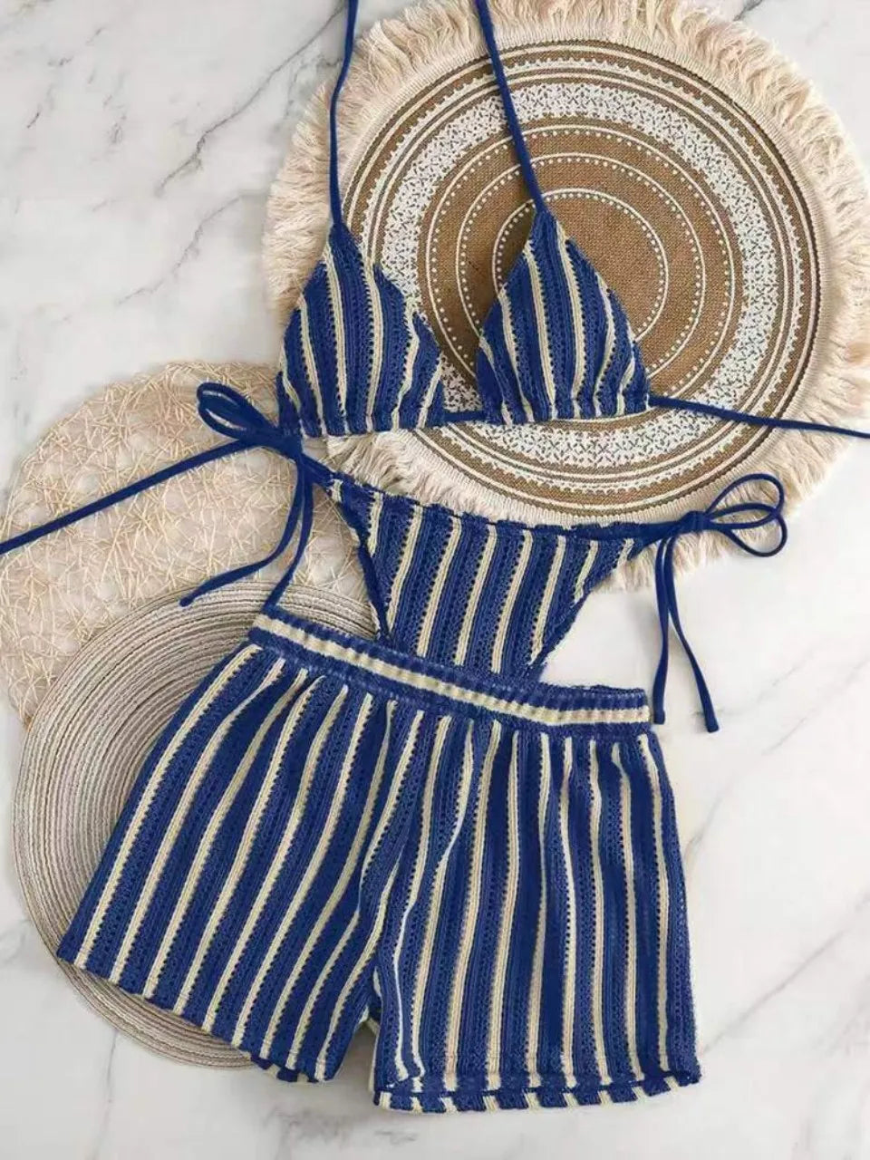3 Pieces Halter Bikini Striped Print Swimsuit With Mesh Shorts Swimwear Female Bathers Bathing Swimming Suit Beachwear