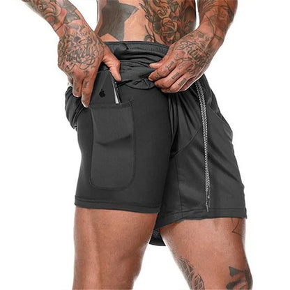 European Men's Sports Summer Double Layer Mobile Phone Pants Gym Exercise Jogging Training Shorts