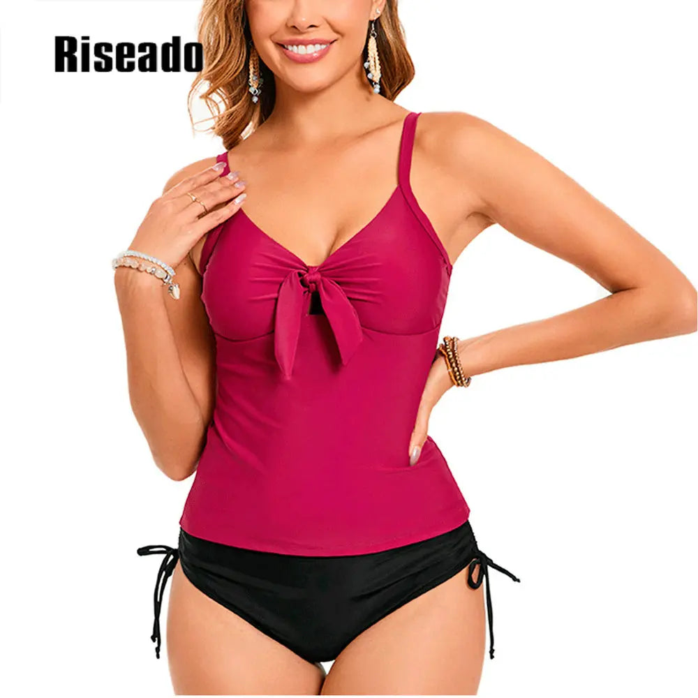 2 Piece Bikini Set Women's Tankini Swimsuits Cut Out Knot Front Tankini Top with Low Waisted Bottom Tummy Control Bathing Suit