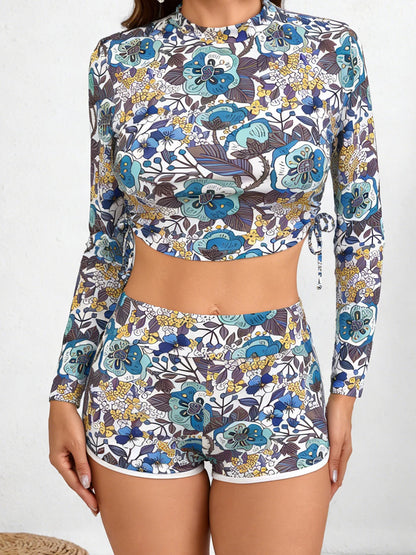 Women's 3-Piece Drawstring Tropical Print Swimwear Rash guard Surfing Sports Swimsuit With Shorts Female Bathers Swimming Beachwear