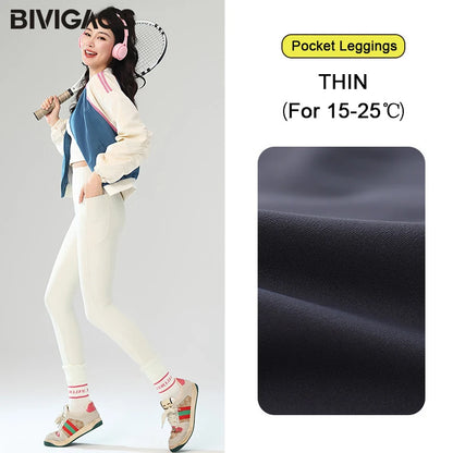 Winter Fleece Pocket Sharkskin Leggings Women High Waist Tight-Fit Velvet Thickened Warm Sports Running Leggings