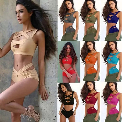 Women's Bikini Set Bandage Stretch Bodycon Swimwear Push-Up Padded Cross Up Swimsuit High Waist Bathing Suit Plain