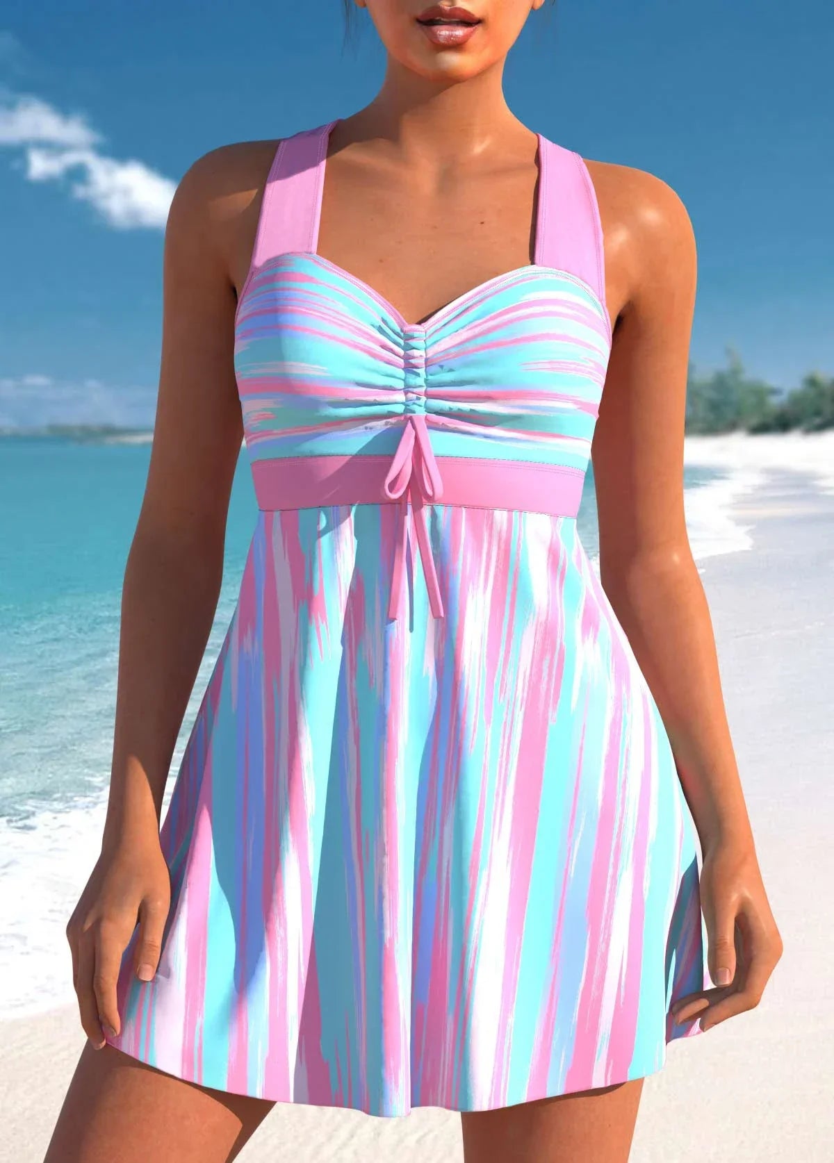 Summer Women's Blue Halo Printed Tankini and Shorts Two Piece Swimsuit Lace Up Beach Set S-6XL