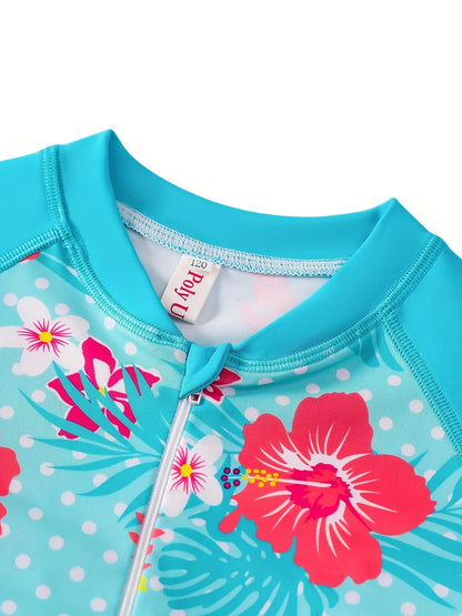 Blue Swimwear Kids Girl Long Sleeve Swimming Suit Tropical Plants Floral Print Swimsuit Bikini-Cut Bottom Hot Summer Beach Water