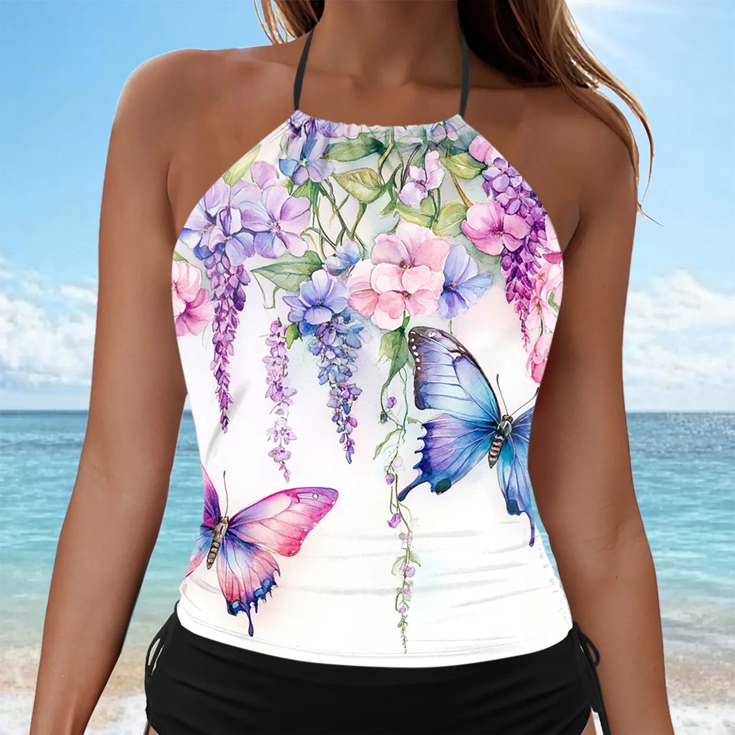 Women's Leaf Print Tankini Swimwear Summer Backless Hanging Neck Suspender Tops Mid Waist Side Drawstring Conservative Shorts