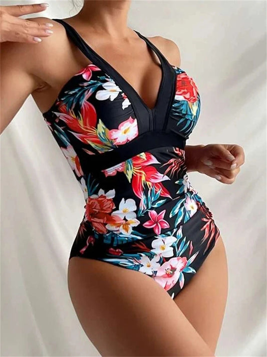 One Piece Swimsuit Women Print Sling V Neck Bodysuit Swimwear Monokini Summer Beach Bathing Suit Female Swimming