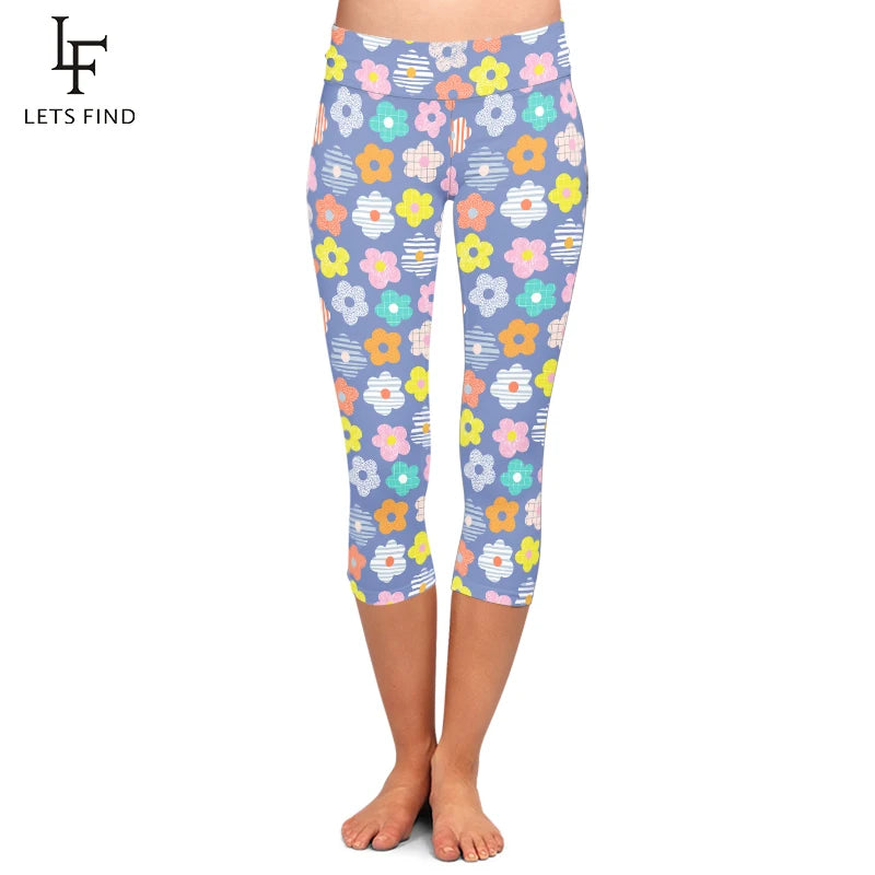 Floral Print High Waist Women Capri Legging Fitness Stretch Slim Mid-Calf 3/4 Leggings