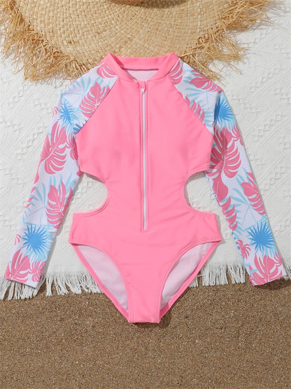 One Piece Girls Swimsuit Pink Print Long Sleeve Children Swimwear Summer Hollow Out Kids Beach Swimming Bathing Suit