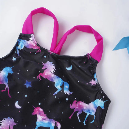 Girls Printed Swimsuit One-Piece Sleeveless Wide Shoulder Straps Sapphire for with Horse And Stars Pattern Printing