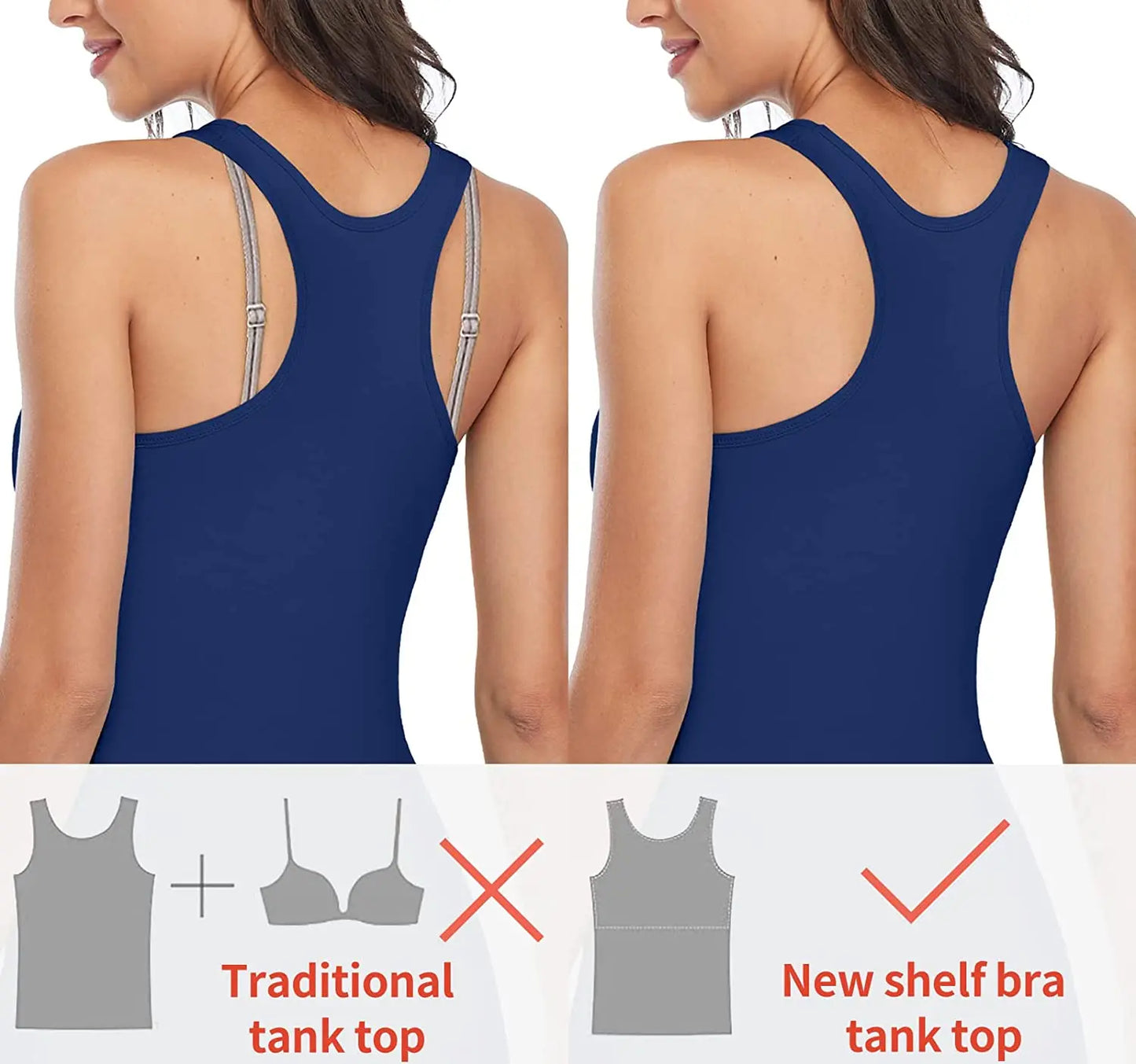Attraco Women's Camisole 2PCS Cotton Solid with Build-in Shelf Bra Tank Tops U-Neck Soft Breathable Basic Sleepwear