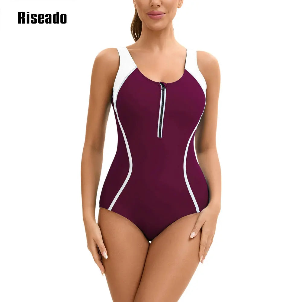 Women's One Piece Korean Swimsuit Sleeveless Conservative Bathing Suit Color Block Monokini for Girls