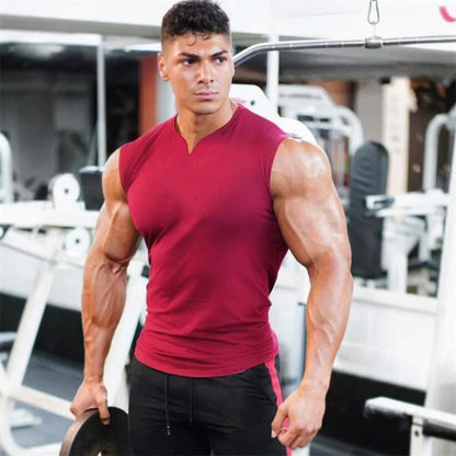 Cotton V-neck Fitness Tank Top Men Summer Muscle Vest Gym Clothing Bodybuilding Sleeveless Shirt Workout Sports Singlets